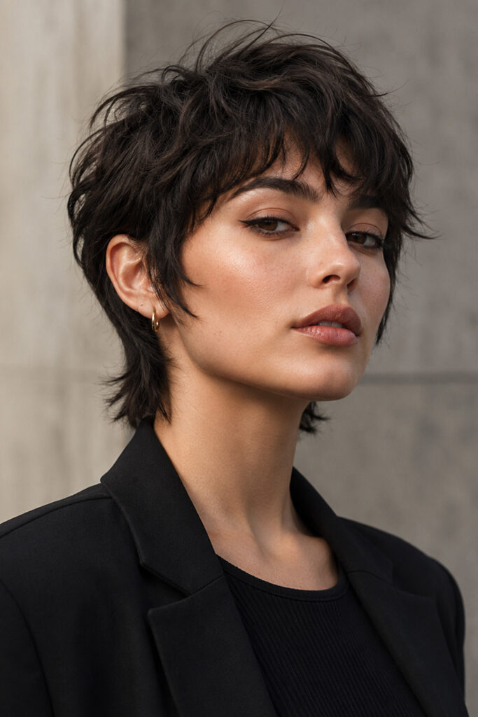The short wolf cut combines shaggy layers with a slightly rounded shape. 