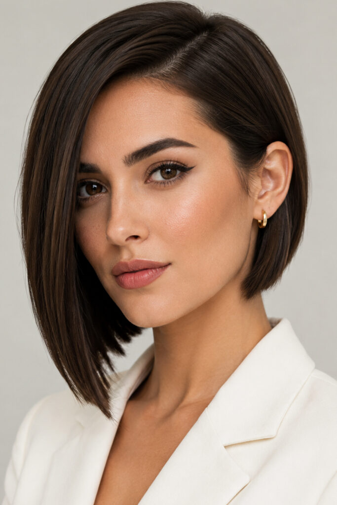 The asymmetrical bob features one side that is slightly longer than the other. 