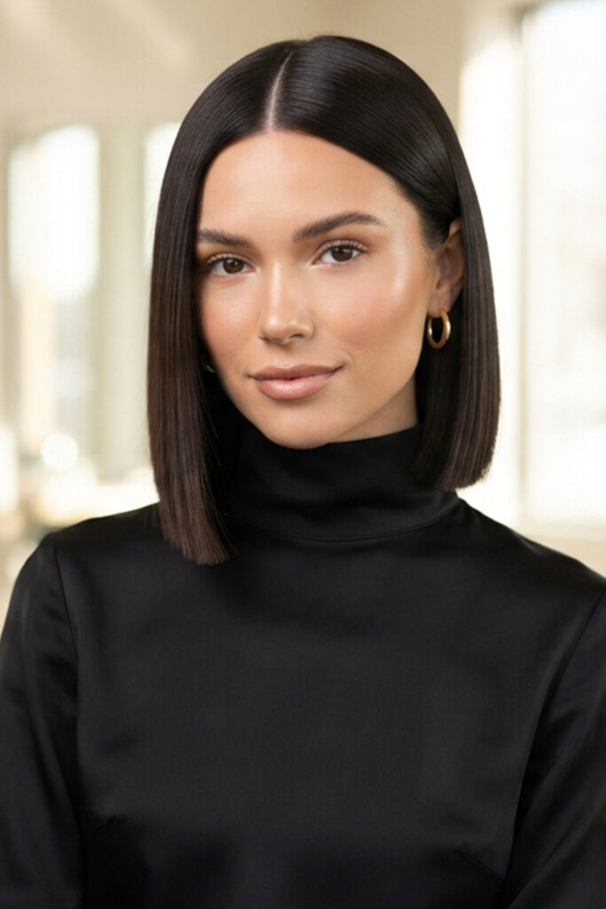 A sleek blunt bob is cut in one sharp, straight line with little or no visible layering.
