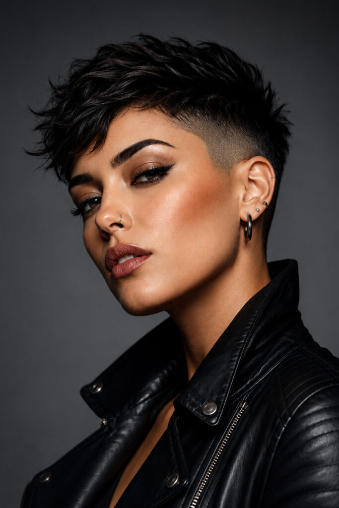 The undercut pixie creates strong contrast between closely cropped sides and a longer top section. 