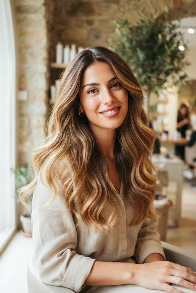 Woman with caramel balayage hair in soft natural light
