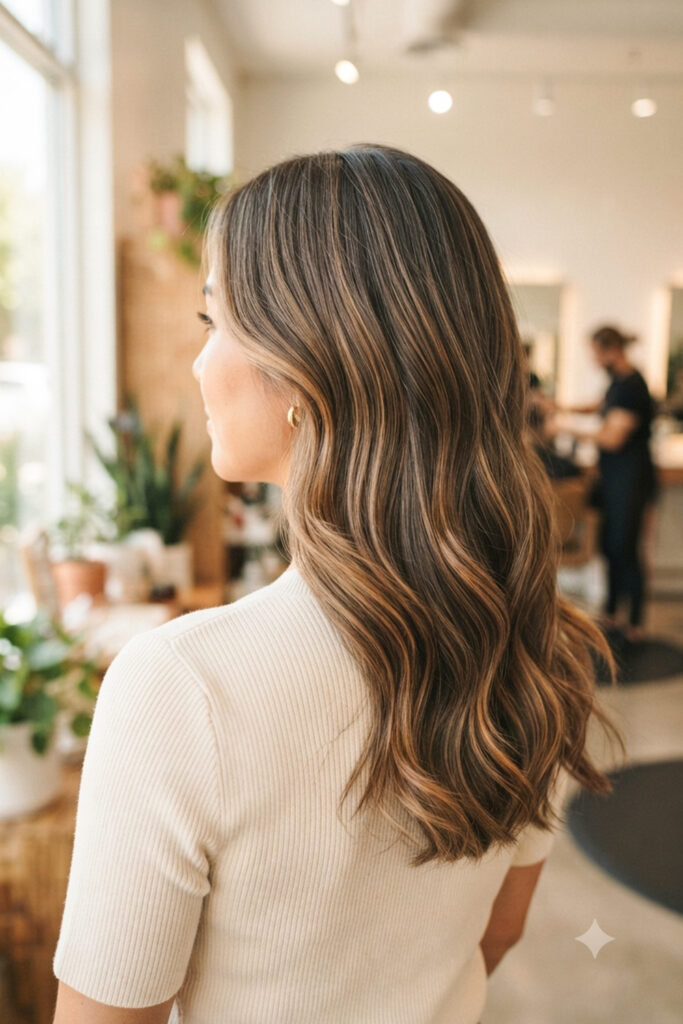 Caramel highlights can also look beautiful on ash brown hair when blended carefully.