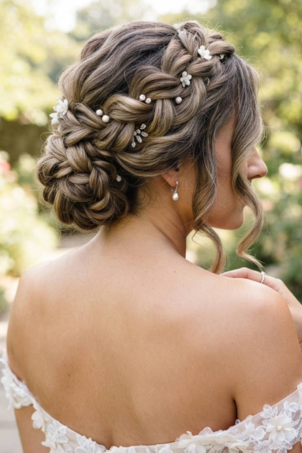 The twisted crown updo combines elegance with a princess-like finish.