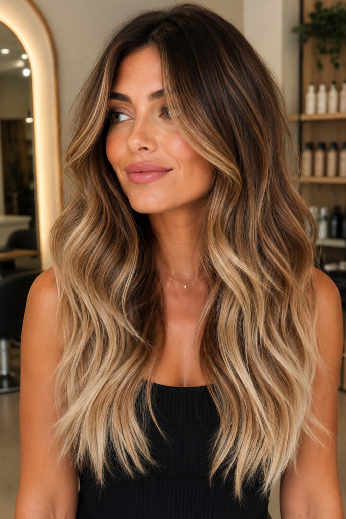 For a brighter look, caramel highlights can be blended into beige blonde ends.