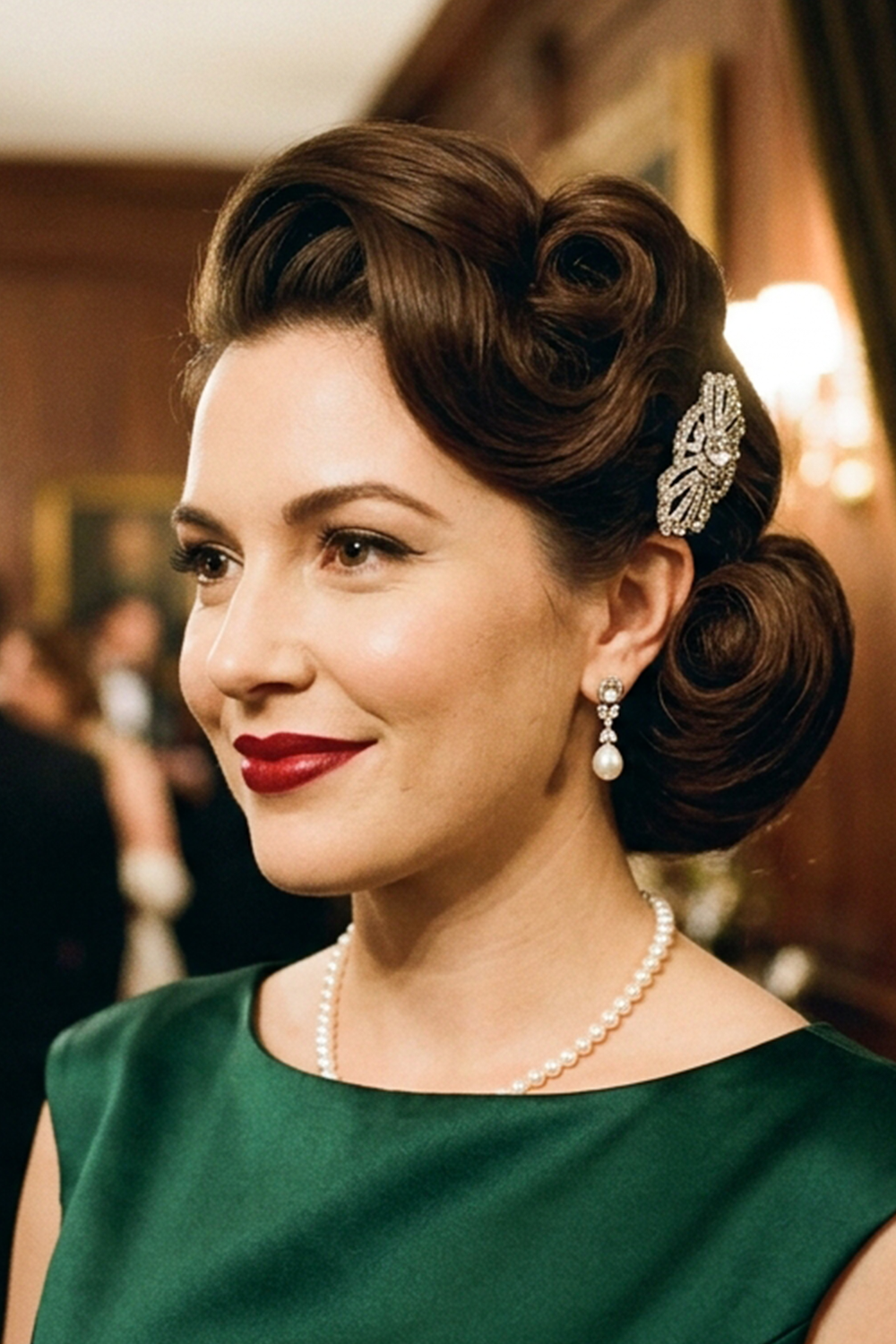 The vintage-inspired elegant updo suits anyone who loves old-Hollywood charm.
