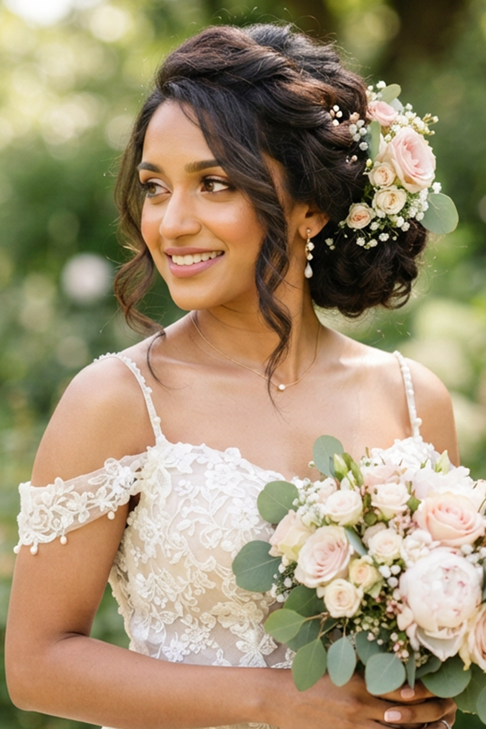 The floral bridal updo feels soft, elegant, and perfect for romantic occasions.