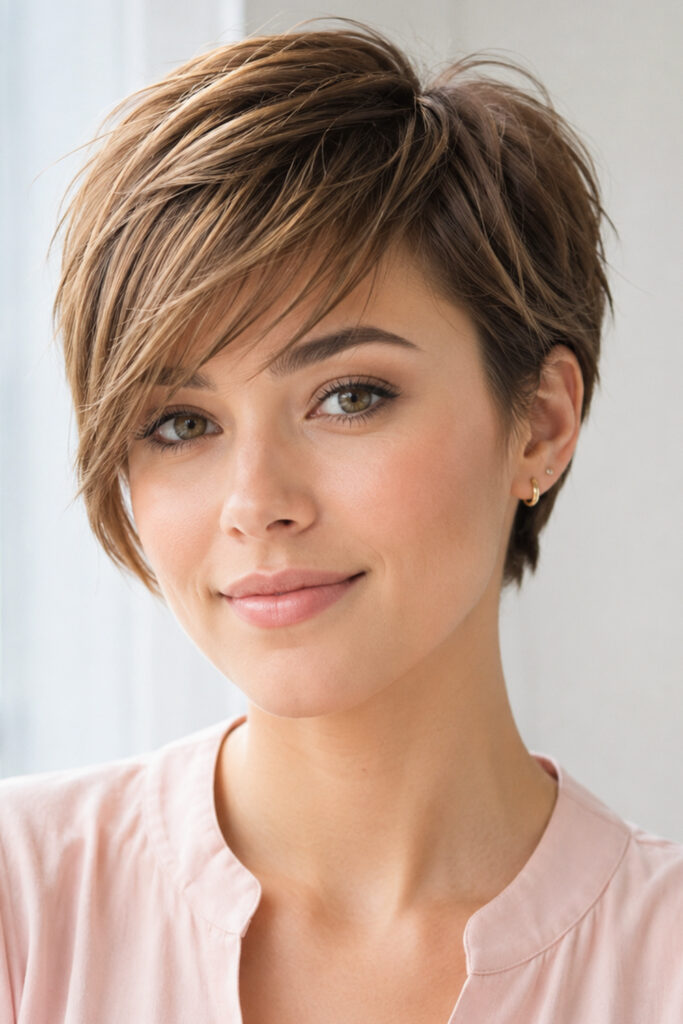 A wispy pixie with long bangs combines short layers with a soft face-framing fringe. 