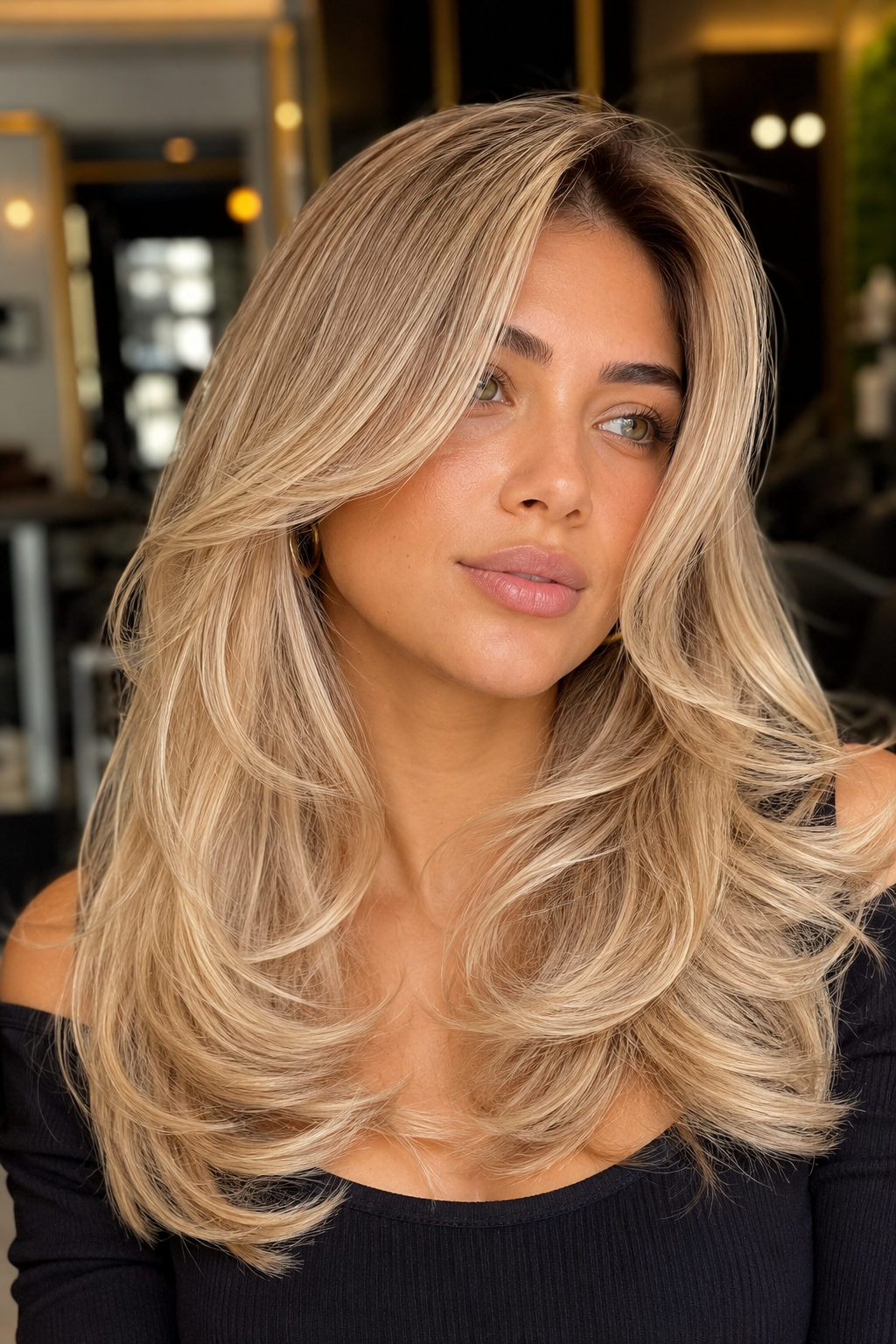 Champagne blonde is light, glossy, and elegant, with a soft sparkle that makes hair look bright without being harsh.