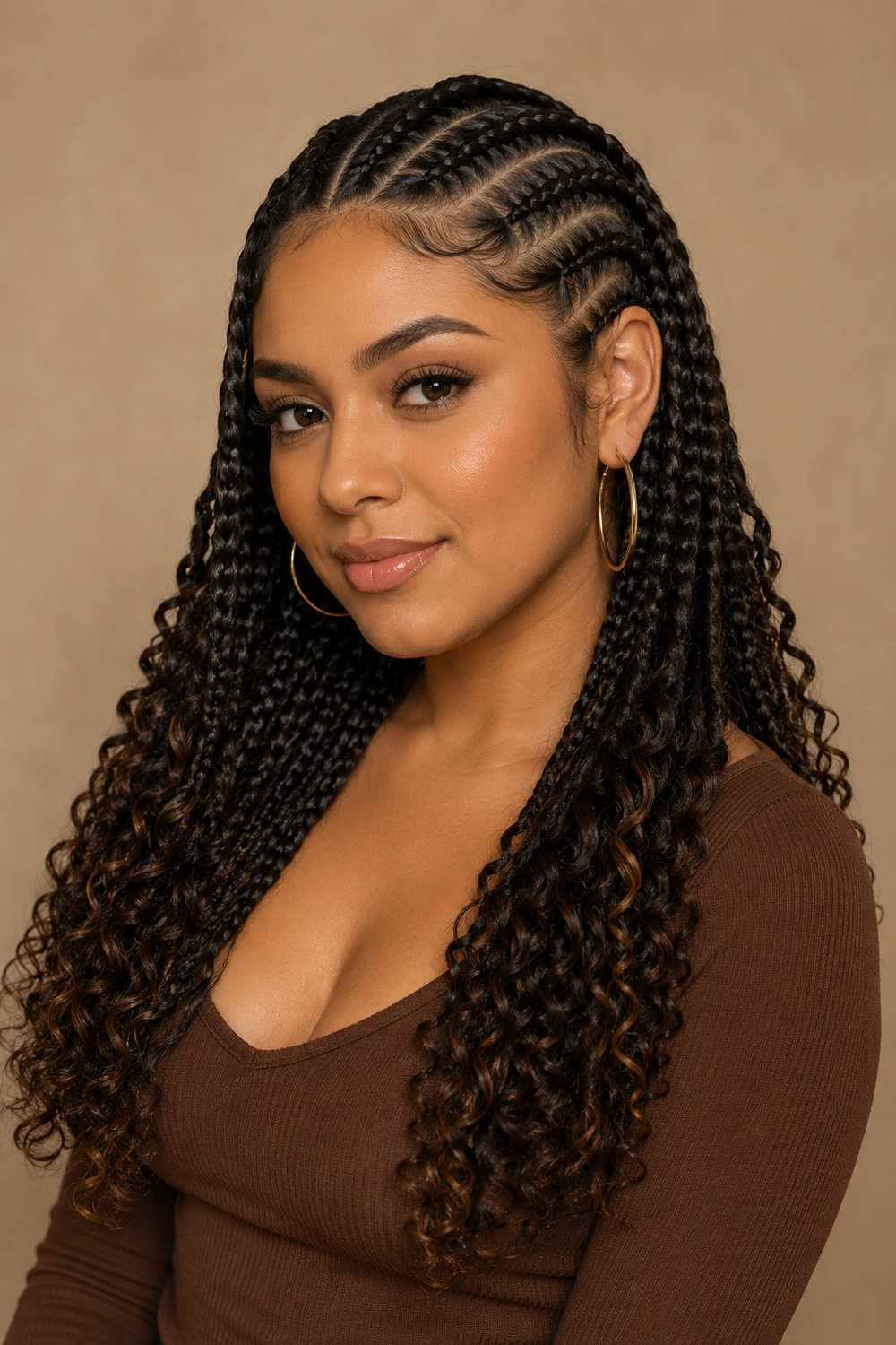 Feed-In Braids with Curly Ends hairstyle