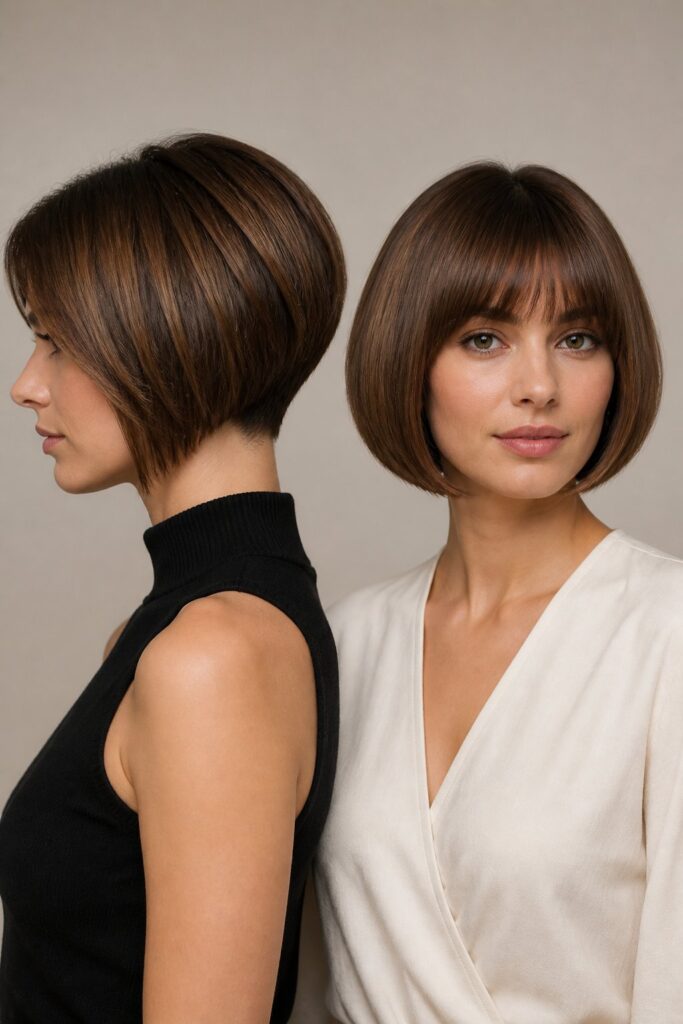 Woman wearing a polished stacked bob with a rounded silhouette, lifted layers at the nape, and soft piecey bangs.