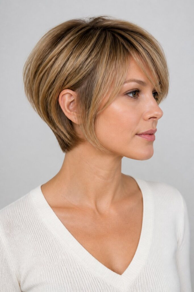 A short layered bob typically falls between the ear and chin. This length keeps your neckline visible and makes daily styling faster and more precise.