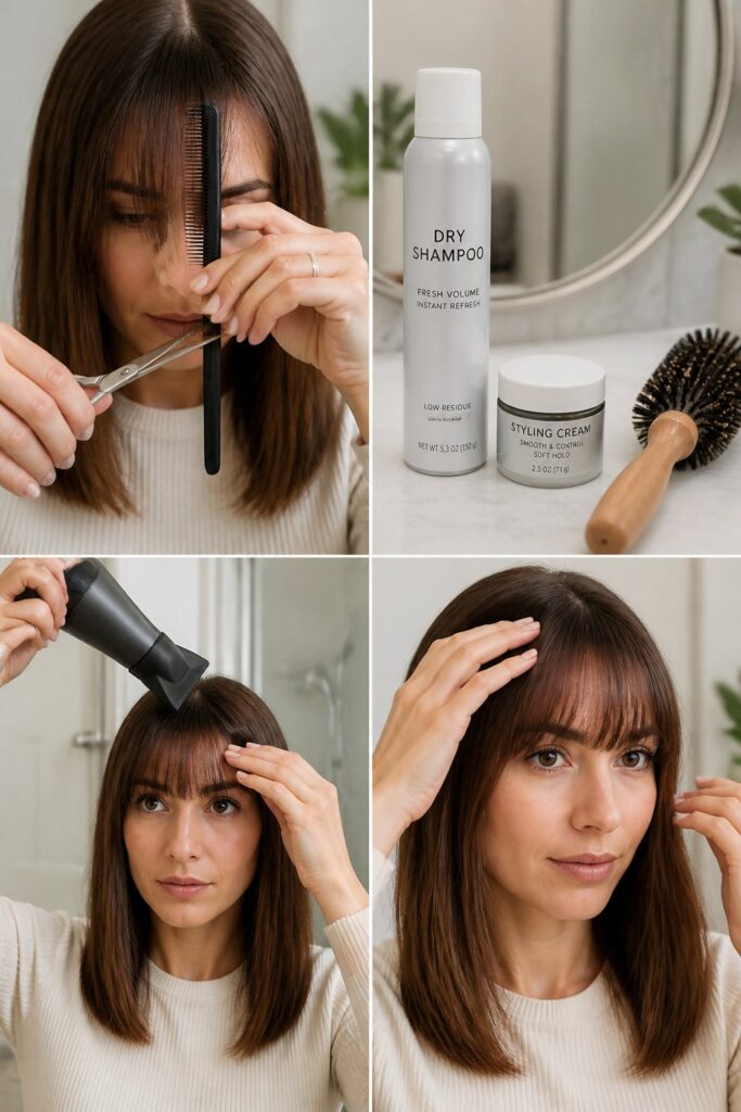 Woman refreshing bob haircut bangs with dry shampoo, a small round brush, blow-dryer, and careful micro-trimming scissors.
