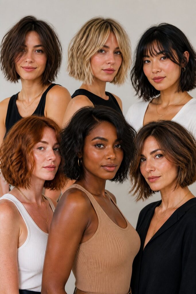 Woman wearing a layered textured bob with piecey ends and soft wispy bangs for natural movement and a lightweight, modern look.