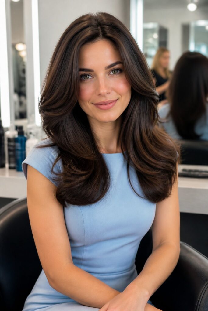 A bouncy blowout showcases long layers through root lift, curved ends, and movement around the face.