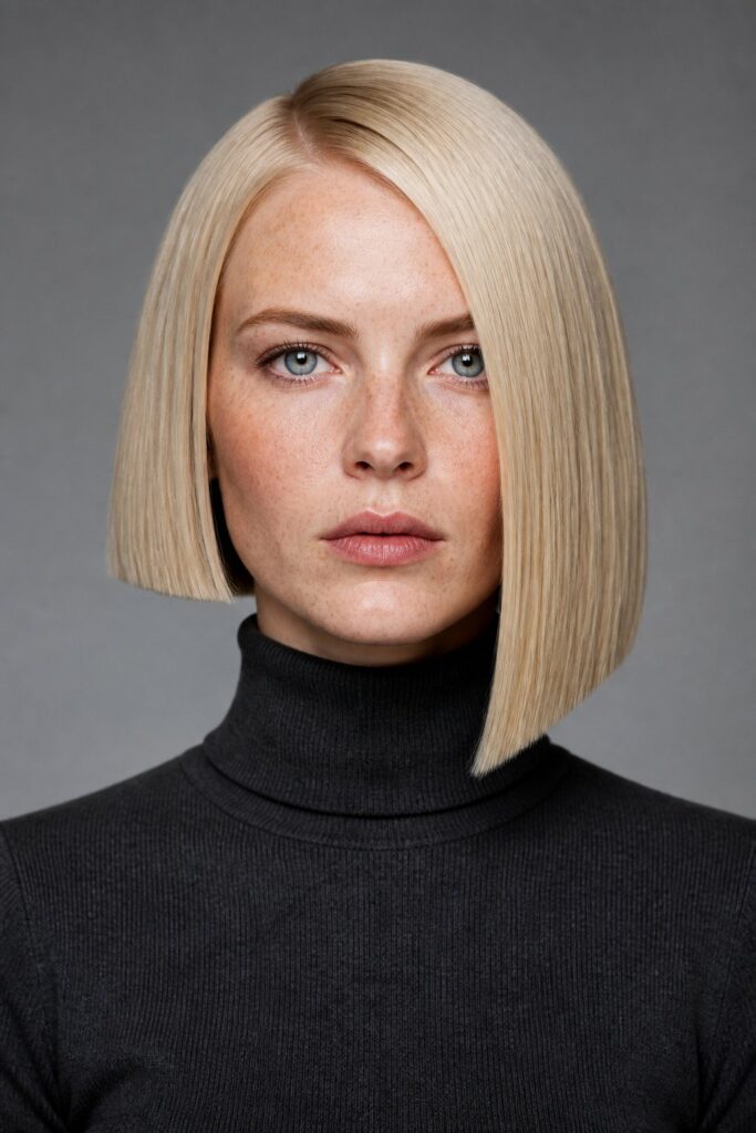 A blunt asymmetrical bob has a strong, solid baseline with little or no visible layering.