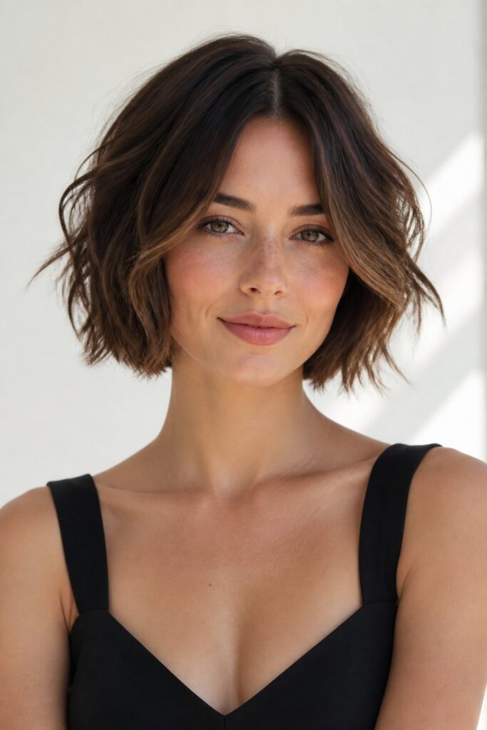Layered classic bob haircut with soft volume, movement, and face-framing layers.