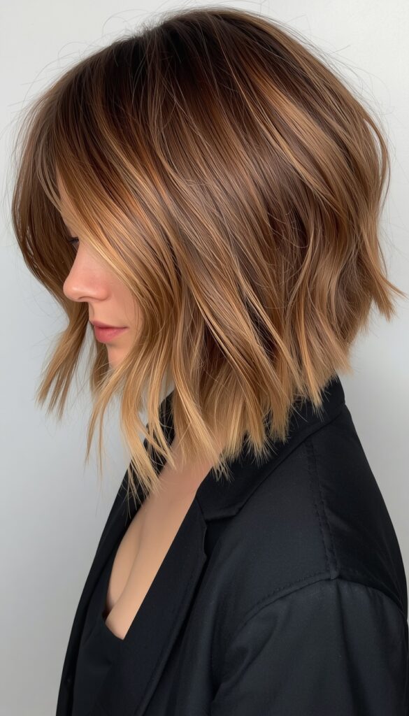 Balayage isn’t just for long hair — on a bob or lob, caramel tones create movement that a single flat color simply can’t achieve.