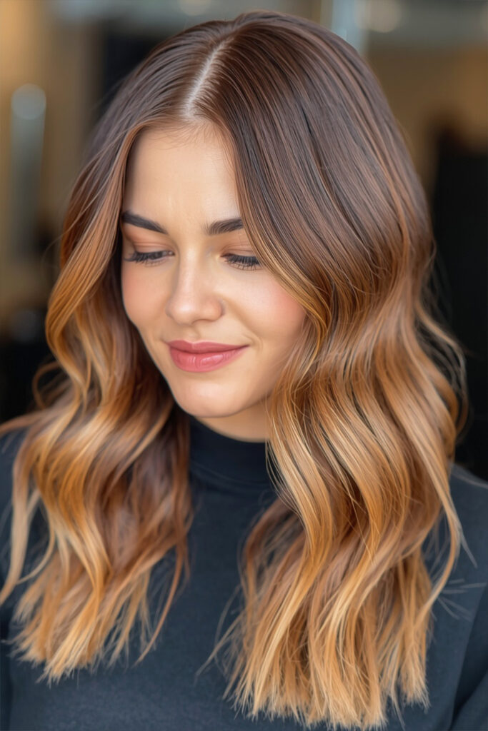 A caramel money piece is a trendy option for adding brightness around the face.