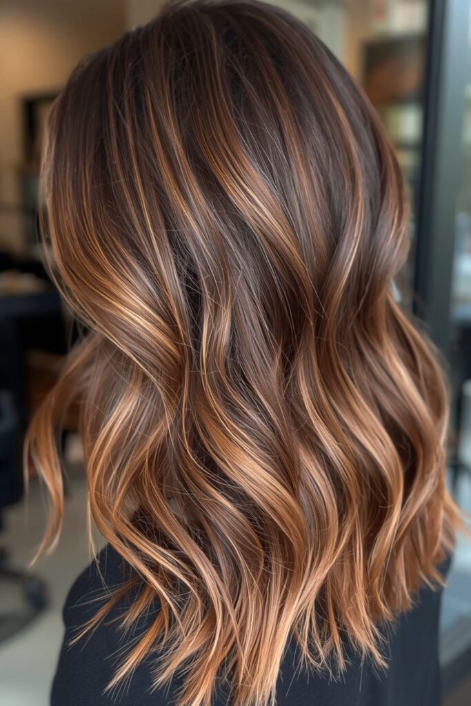 Chocolate brown hair and caramel highlights are a classic combination.