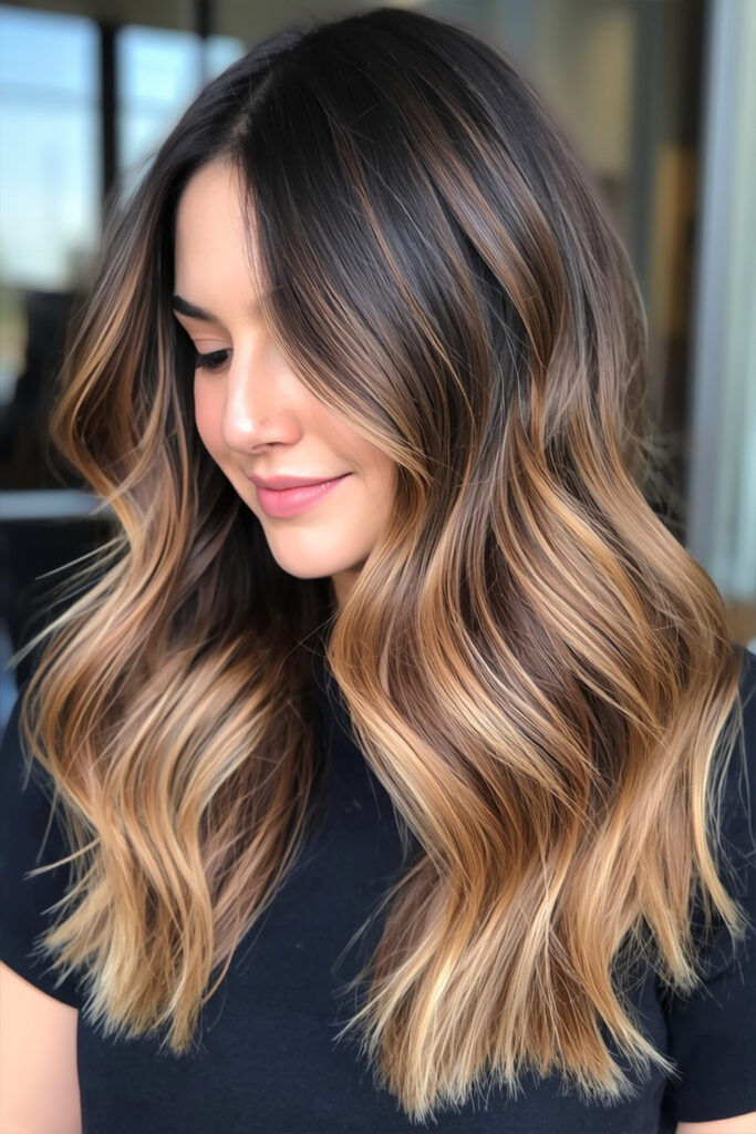 If you have naturally dark hair, creamy caramel highlights can soften your overall look.