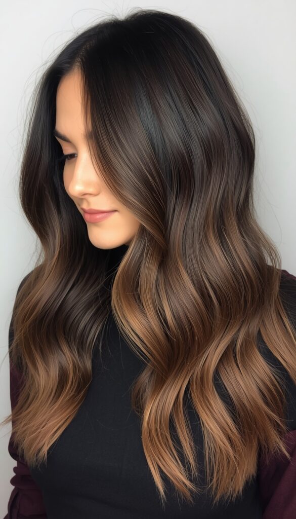 For those who want dimension without going too light, dark caramel balayage keeps the overall color moody and rich. 