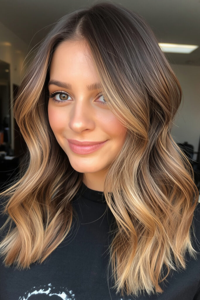 Face-framing caramel highlights are a simple but powerful way to brighten your entire look.