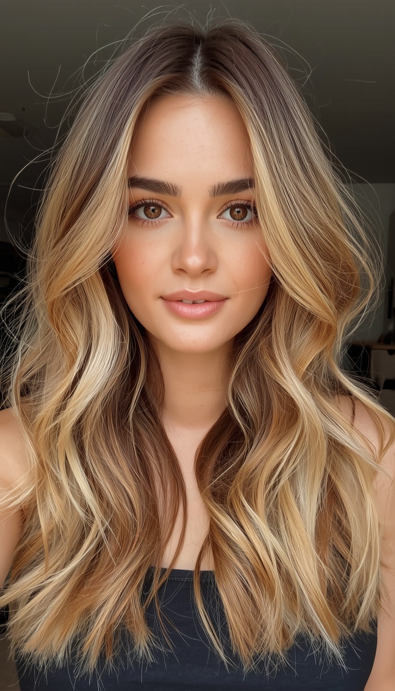 Golden teddy bear bronde leans into radiant, sunlit warmth, blending golden blonde tones into a brunette base.