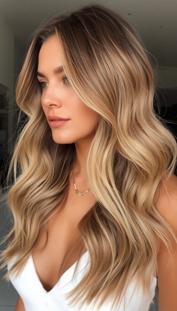 A touch lighter and golden than classic caramel, honey caramel balayage leans into warm, buttery tones.