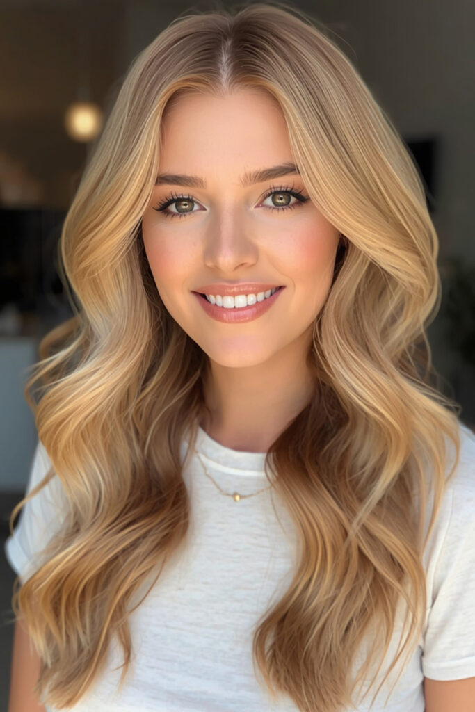 Honey caramel highlights are slightly lighter and golden, giving the hair a warm, glowing effect.
