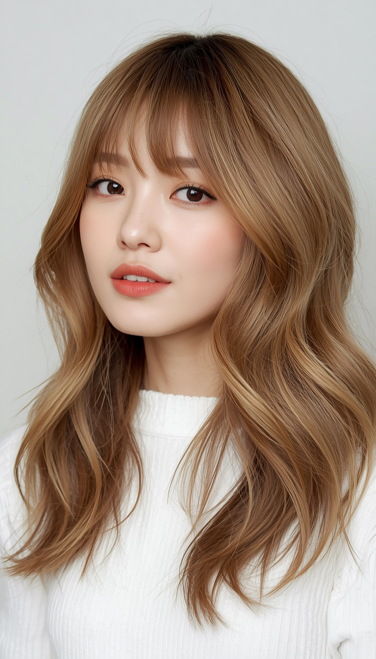 Korean-inspired curtain bangs with layers are soft, airy, and elegant. This hairstyle gives a delicate look that feels natural and stylish.
