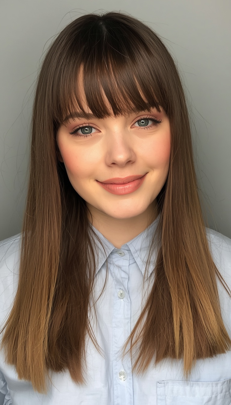 Straight layered hair with curtain bangs is perfect for a clean, polished look. The straight texture makes the layers appear smooth and defined.