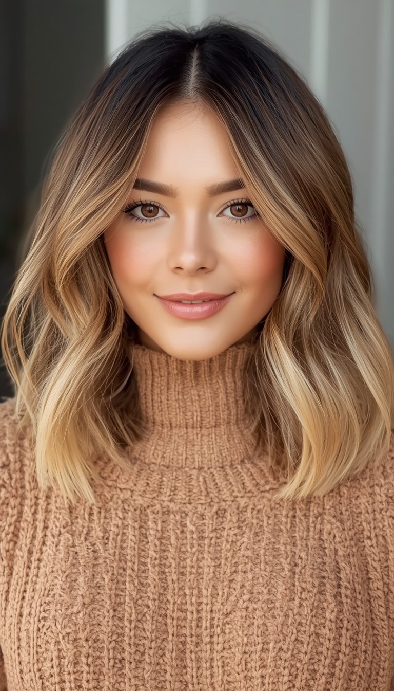 A teddy bear bronde lob offers a chic, low-fuss shape paired with a warm, dimensional color.