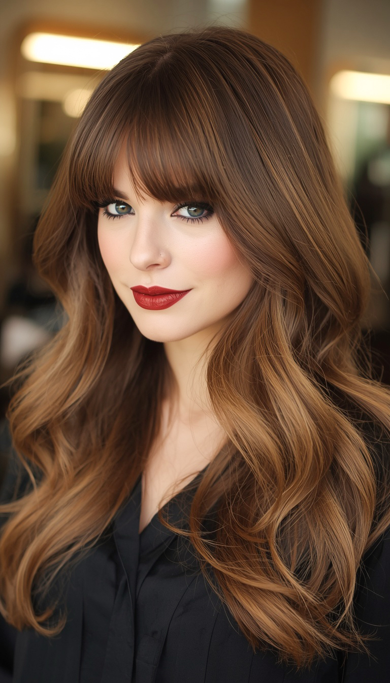 Voluminous blowout layers with curtain bangs are perfect for a glamorous hairstyle. The layers add body, while the bangs create a soft, face-framing effect.