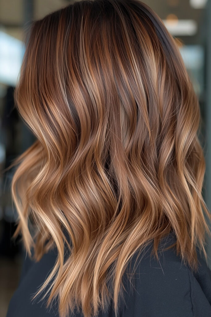 Medium brown hair is the perfect base for warm caramel highlights.