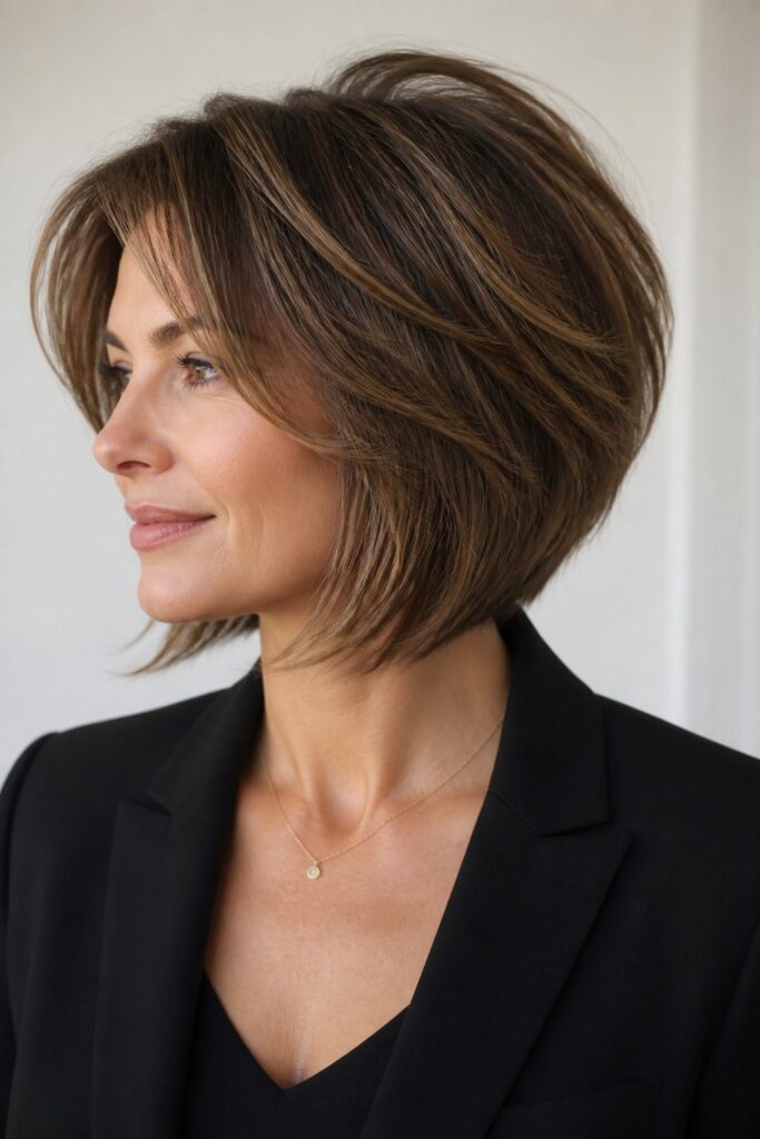 Woman with a short brown layered bob featuring crown volume, face-framing pieces, and textured ends.