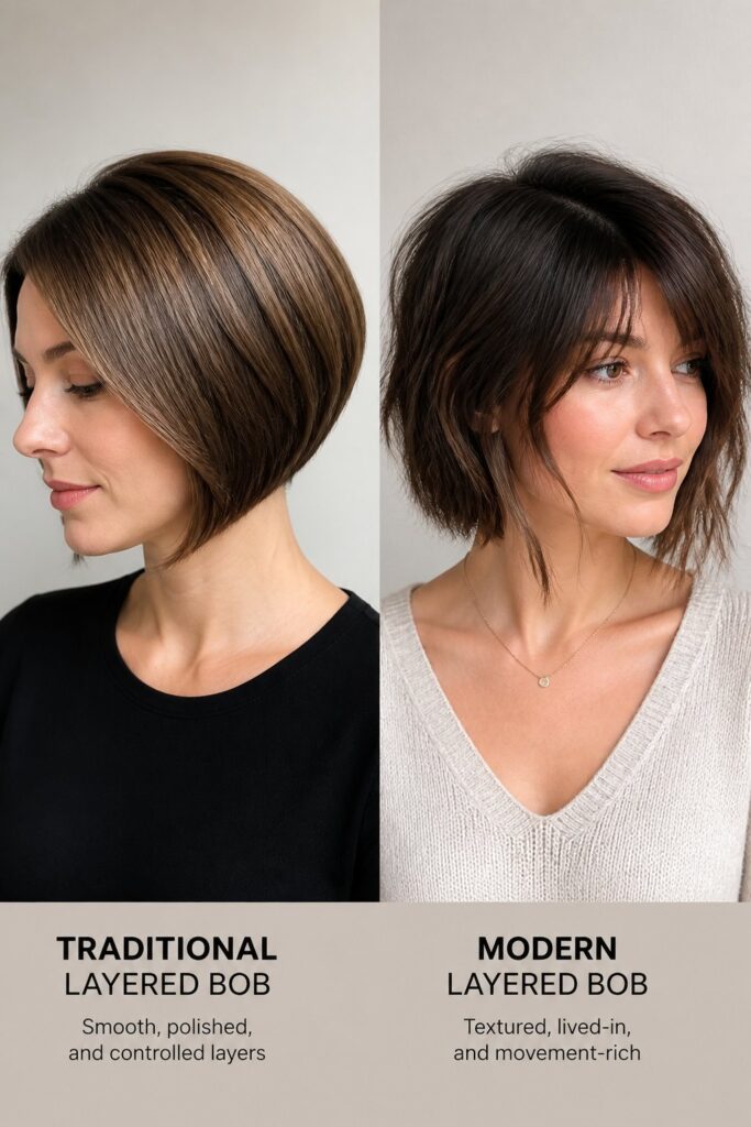 Side-profile portrait of a woman with a sleek layered bob that blends classic structure with modern texture and soft movement.