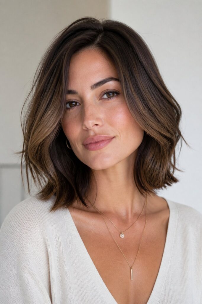 A medium-layered bob usually falls between the chin and collarbone. This length offers more styling flexibility while maintaining the clean outline of classic bob haircuts.
