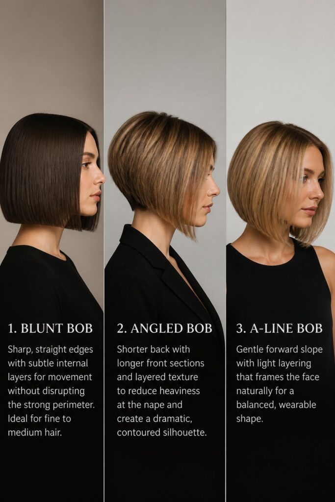 Woman with a layered bob haircut showing a defined shape, soft movement, and a balanced silhouette inspired by blunt, angled, and A-line bob styles.