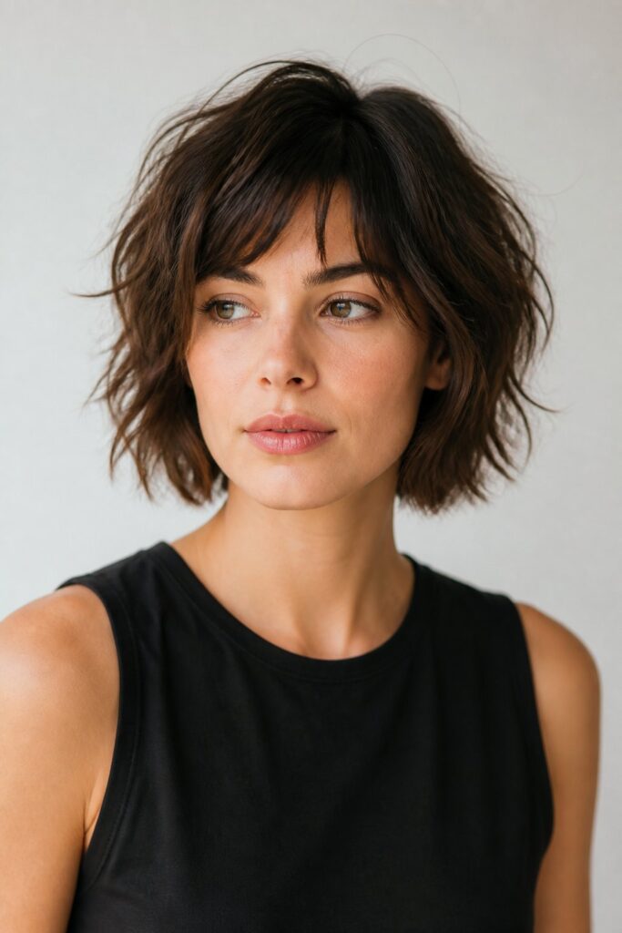 Woman with a shaggy layered bob featuring piecey texture, wispy movement, crown volume, and softly tapered ends.