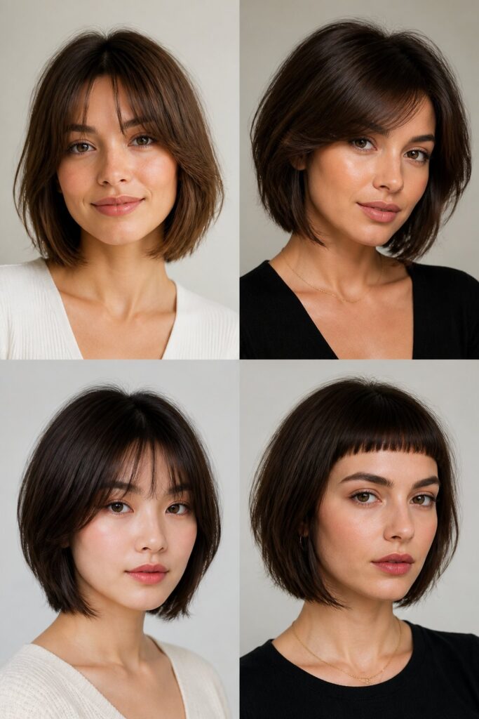 Woman with a layered bob featuring soft curtain bangs, wispy fringe, and face-framing texture.