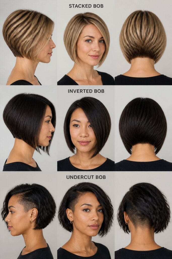 “Woman with a structured layered bob featuring stacked volume at the crown, an inverted angle, and a sleek tapered nape.