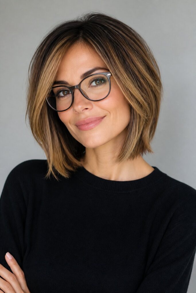 Woman with a layered bob featuring soft face-framing pieces, dimensional texture, and subtle highlights around the cheekbones and jawline.