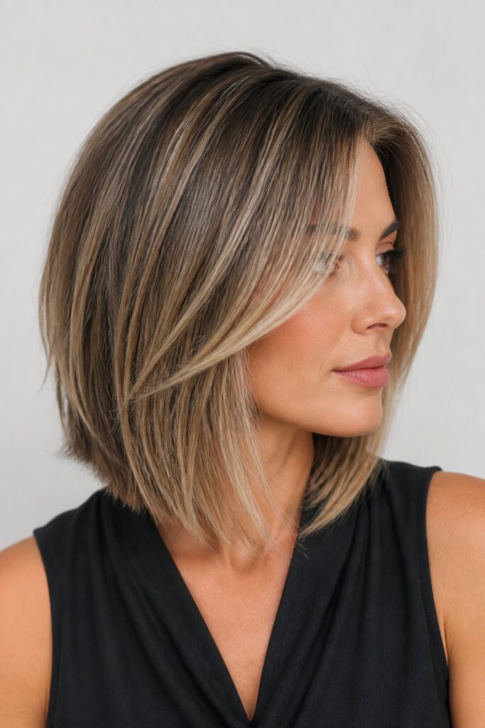 Woman with a layered bob featuring face-framing highlights, soft balayage through the mid-lengths and ends, and natural-looking dimension.