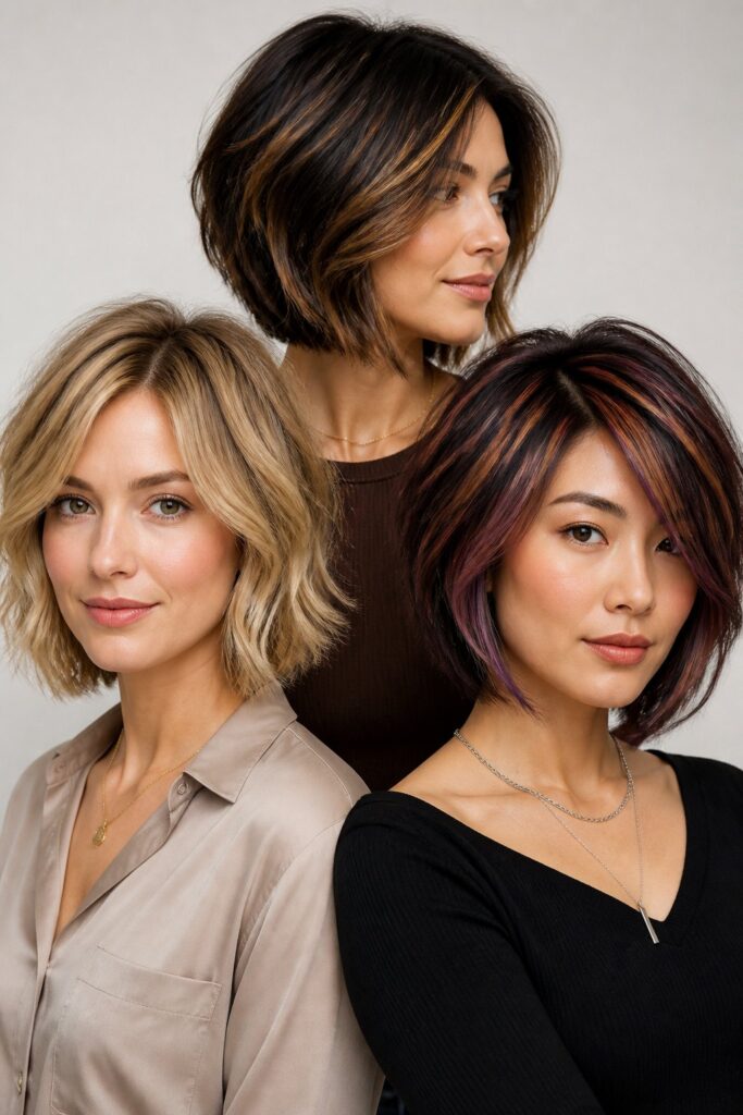 Woman with a layered bob featuring dimensional blonde, brunette, and vivid color accents that highlight texture and movement.