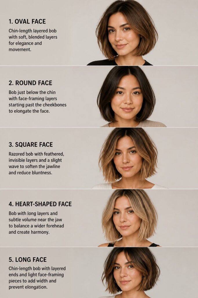 Women with oval, round, square, heart-shaped, and long faces wearing layered bob haircuts tailored to flatter each face shape.