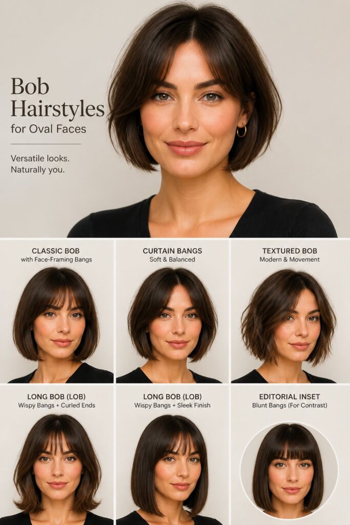 Woman with an oval face wearing a softly textured bob haircut with face-framing layers and curtain bangs.