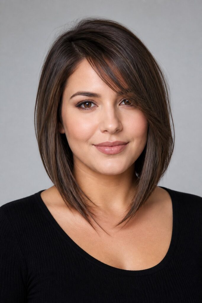 Woman with a round face wearing an angled bob haircut with longer front layers and side-swept bangs for a slimming, elongated effect.