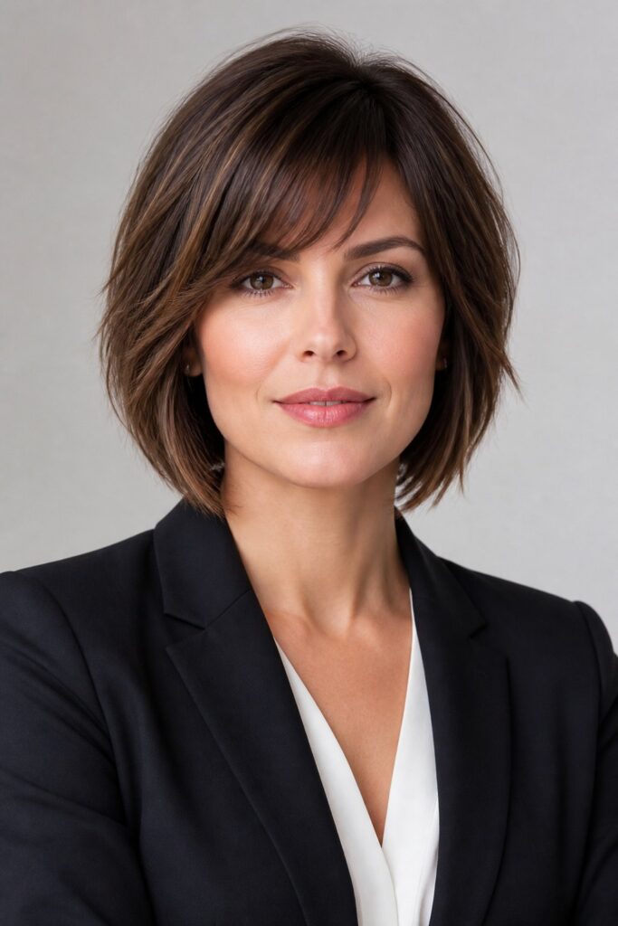 Woman with a square face wearing a soft layered bob with textured ends and side-swept bangs to balance a strong jawline.