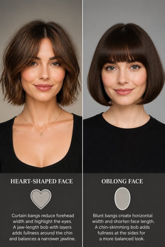 Woman wearing a sleek blunt bob with straight, even ends and full bangs for a polished, structured look.