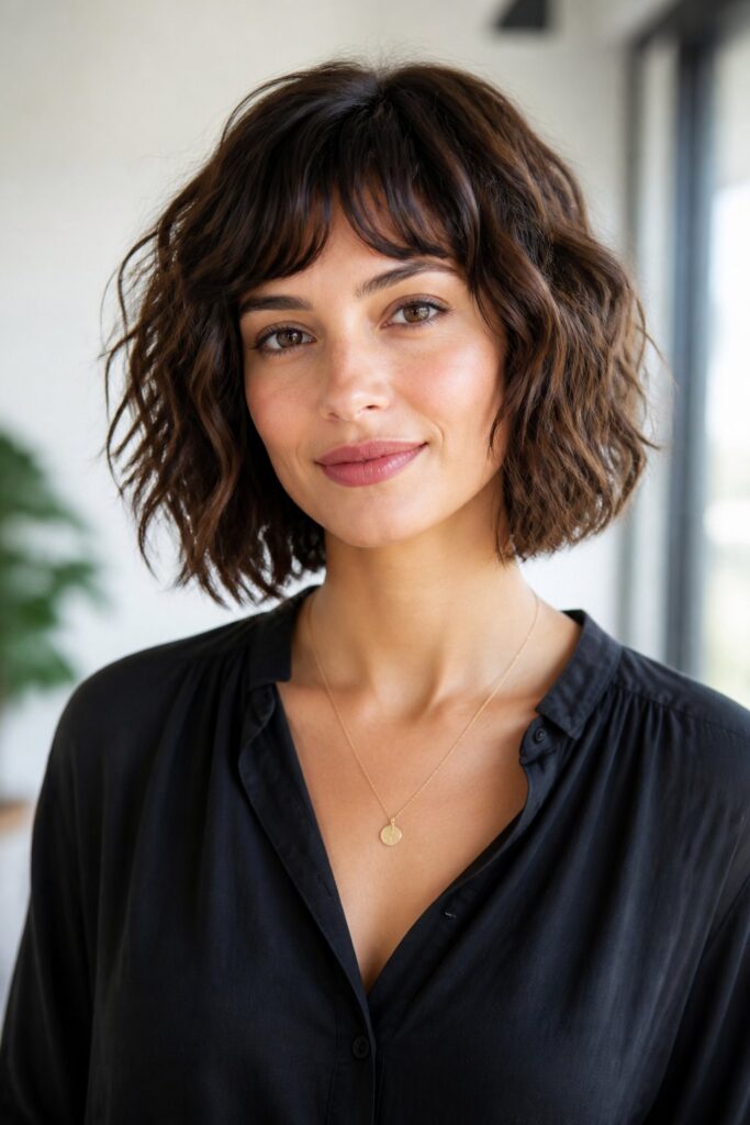 Woman wearing a wavy or curly bob with soft layered bangs, defined texture, natural volume, and playful bounce.